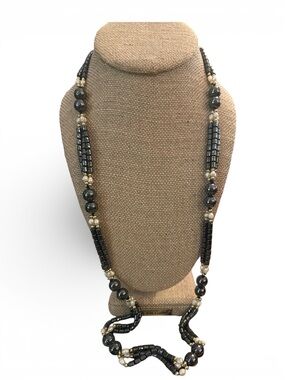Hematite Beaded Freshwater Pearl Three Strand Knotted Necklace